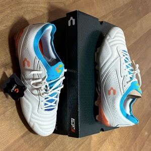 Men’s White and Blue Cleats with Orange Accents